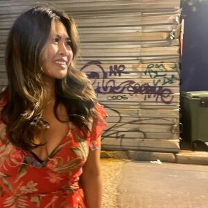 Wayf Red Floral Wrap Dress with Green and Cream Accents